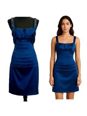 Cache midnight blue satin sleeveless tiered bodycon cocktail dress Sz 12